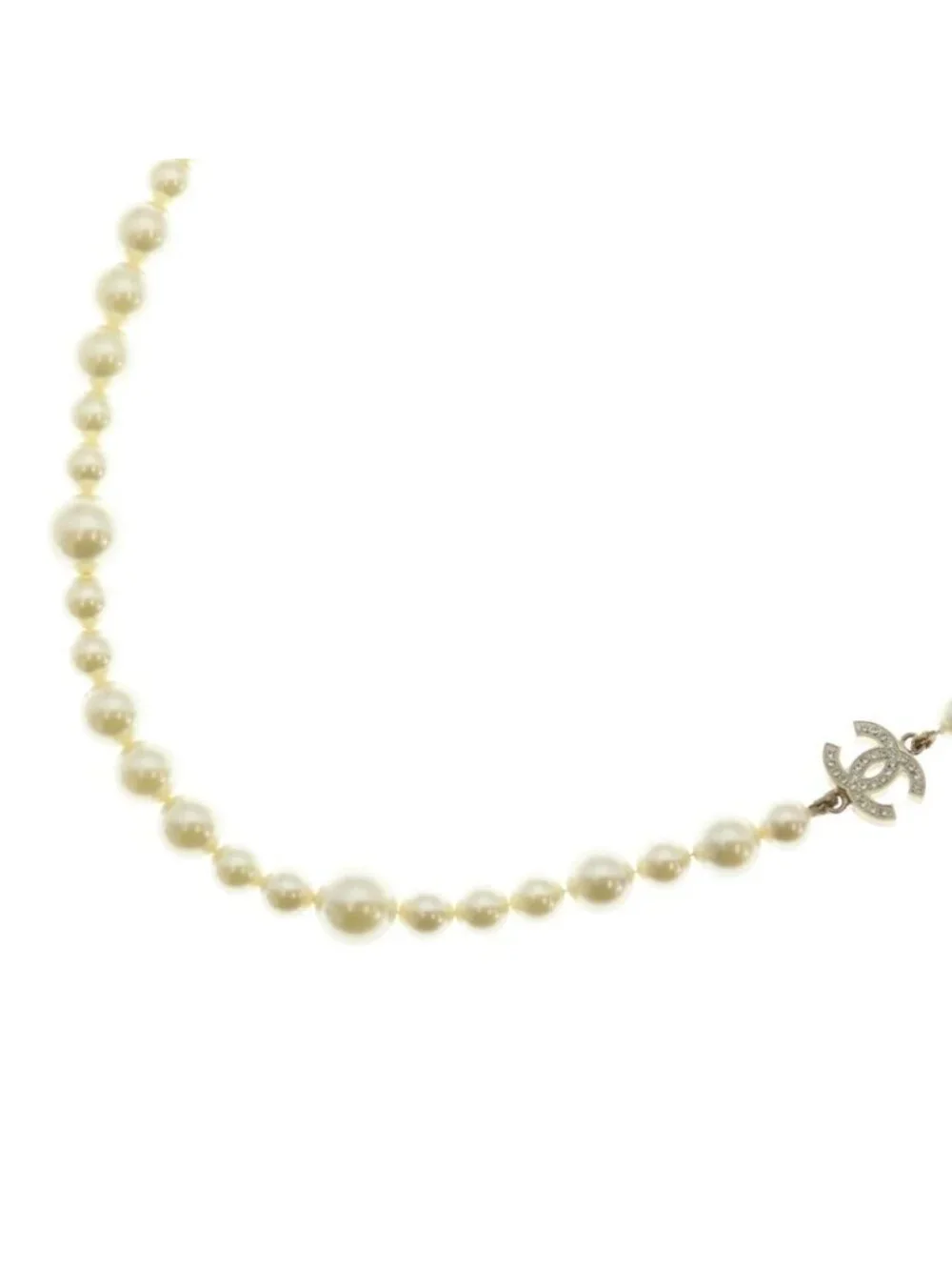 Chanel CC Logo Rhinestone Faux Pearl Long Necklace White Gold